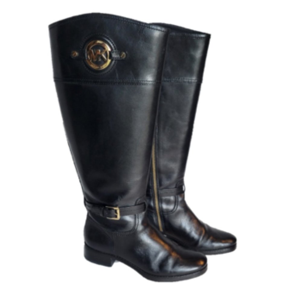 Michael Kors Stockyard Black Leather Boots Size 6.5 Wide Shaft 16" inches
